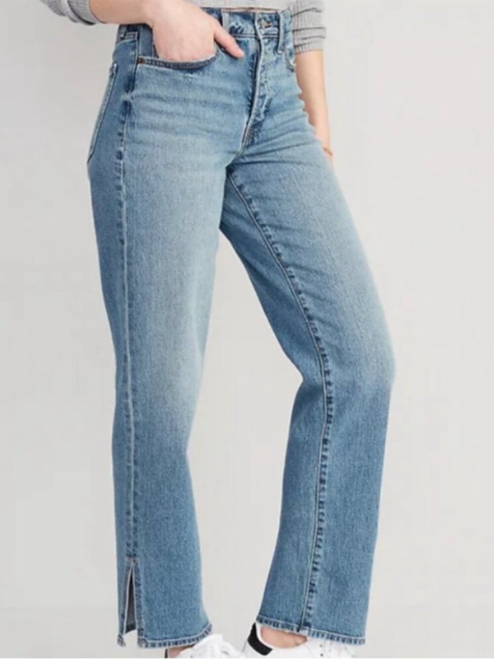 OLD NAVY Curvy OG Loose Jeans Womens 10 Blue High Rise Straight Slit Hem Denim